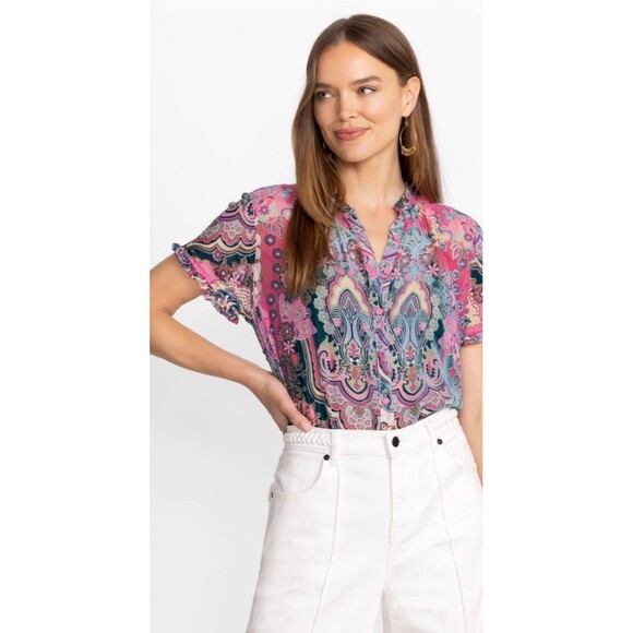 JOHNNY WAS Zoli Tape Hem Burnout Tunic Small Pink NEW Paisley Blouse Boho Chic - Picture 1 of 13